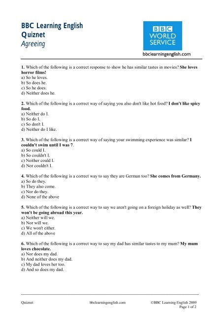 bbc learning english quiznet agreeing