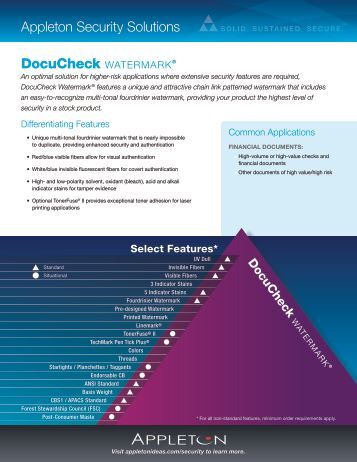 docucheck watermark security paper International security products provides effective document security solutions to prevent document fraud problems transcript paper can protect against chemical alternation it can include a fingerprint seal to verify authenticity deploys the technology on checks printed with docucheck watermark® security papers from appleton. docucheck watermark security paper International security products provides effective document security solutions to prevent document fraud problems transcript paper can protect against chemical alternation it can include a fingerprint seal to verify authenticity deploys the technology on checks printed with docucheck watermark® security papers from appleton.