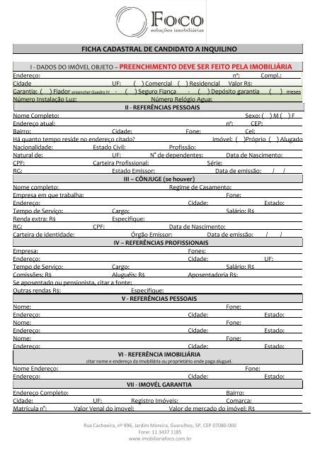 Ficha Cadastral De Candidato A A Inquilino A A Fiador