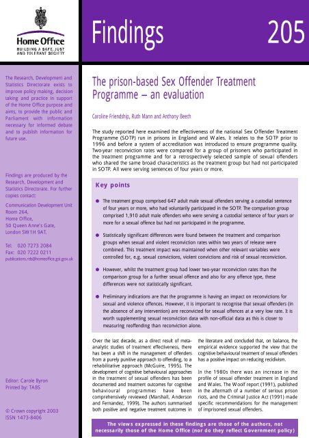 The Prison Based Sex Offender Treatment Programme An Evaluation