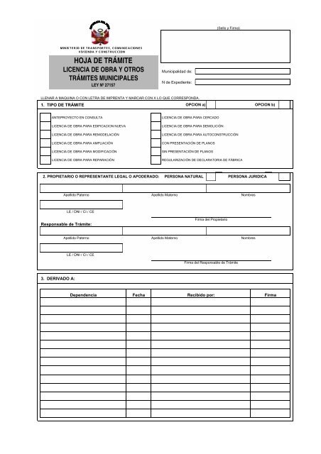 Hoja de trÃmite licencia de obra y otros Municipalidad Provincial