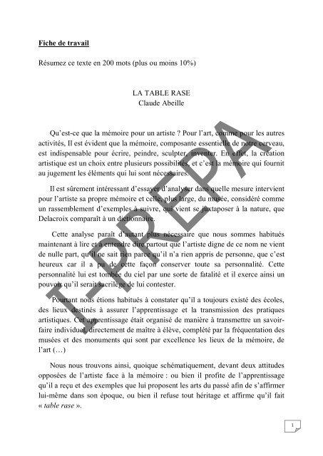 Fiche de travail RÃsumez ce texte en 200 mots plus Poly Prepas