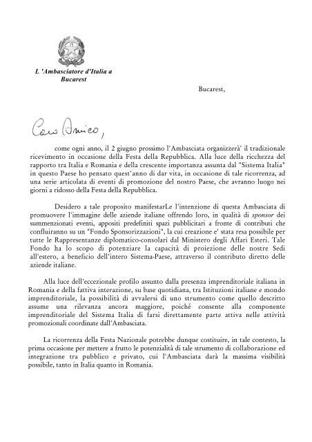 Lettera Ambasciatore Ambasciata D Italia A Bucarest Ministero