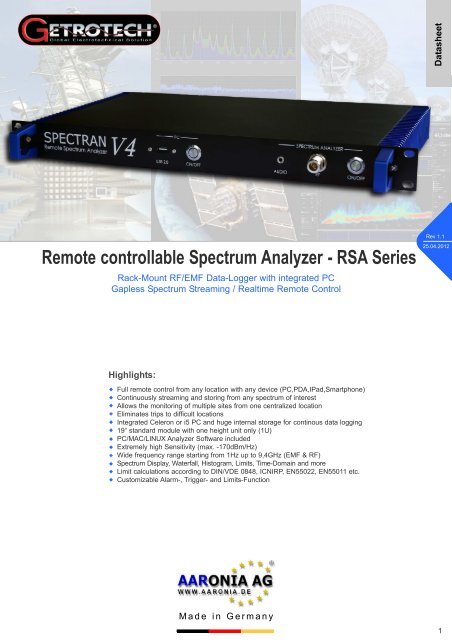 Remote Controllable Spectrum Analyzer RSA Series Getrotech