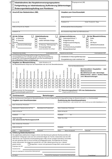 Formular Anmeldung Inbetriebsetzung KEW Netz