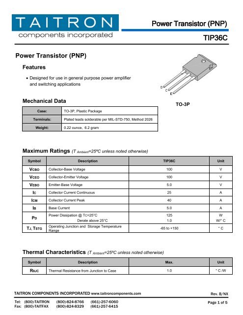 TIP36C Power Transistor PNP Taitron Components Inc