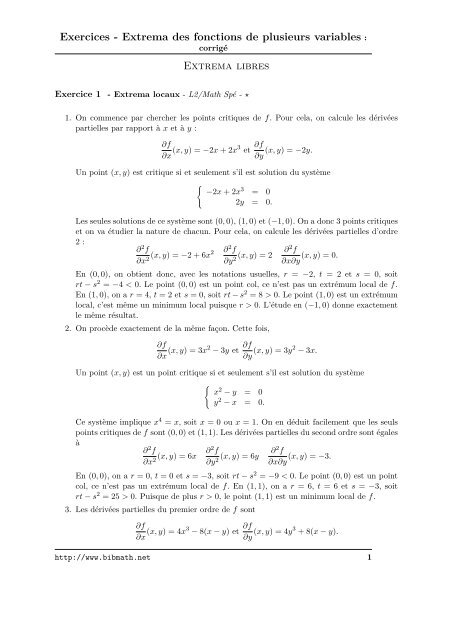 Calcul D Extremum D Une Fonction A Deux Variables Pdf Cours Exercices