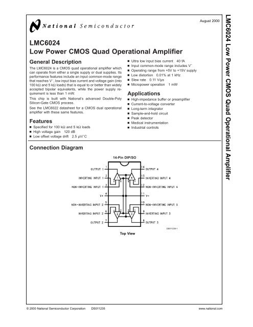 LMC6024 Low Power CMOS Quad Operational Amplifier Datasheets