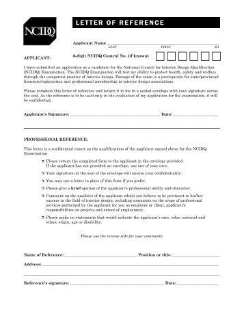 Letters of Reference - NCIDQ. National Council for Interior Design ... Letters of Reference - NCIDQ. National Council for Interior Design ...