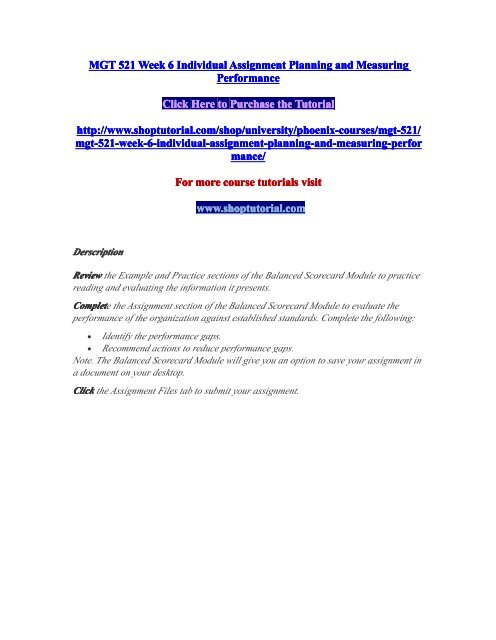 MGT 521 Week 6 Individual Assignment Planning And Measuring Performance Pdf