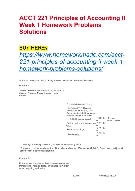 Acct Principles Of Accounting Ii Week Homework Problems Solutions