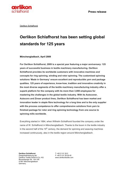 Oerlikon Schlafhorst has been setting global standards for 125 years