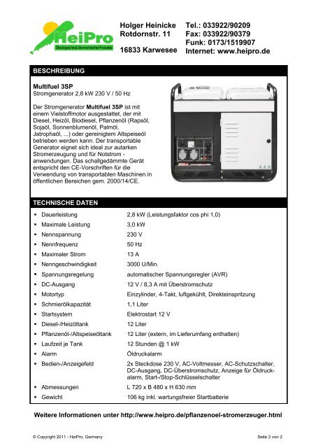 HeiPro Multifuel 3SP Stromgenerator Aggregat 2,8 kW 230 V / 50 Hz