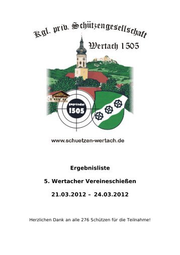 Ergebnisliste 5. Wertacher Vereineschießen 21.03.2012 – 24.03.2012