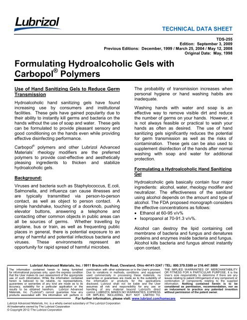 Formulating Hydroalcoholic Gels with Carbopol Technical ... - Lubrizol