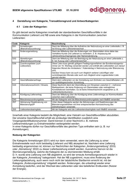 UTILMD Allgemeine Spezifikationen ( AHB ) - Bundesnetzagentur