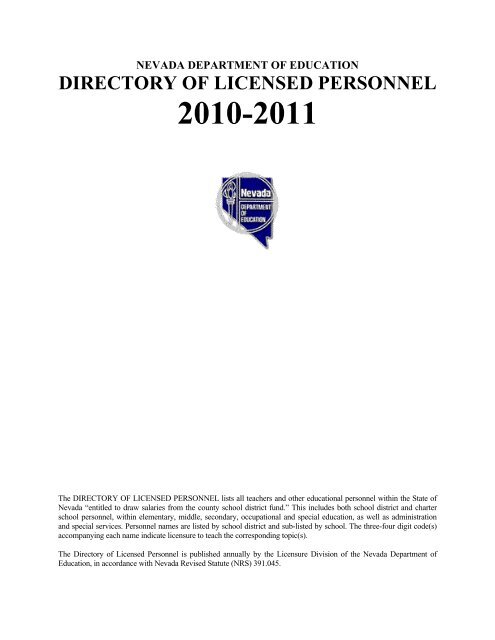 2010-2011 Licensed Staff Directory - Nevada Department of ...