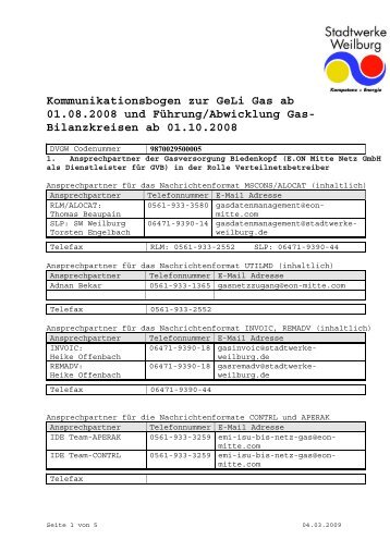 Kommunikationsbogen zur GeLi Gas ab 01.08.2008 und Führung ...