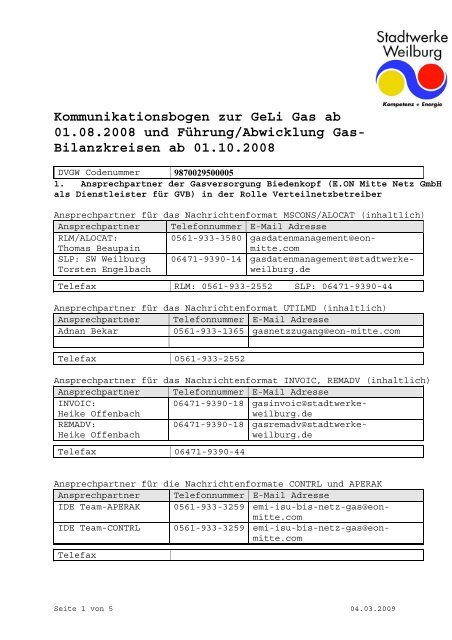 Kommunikationsbogen zur GeLi Gas ab 01.08.2008 und Führung ...