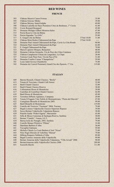 Wine List - Norwich Inn