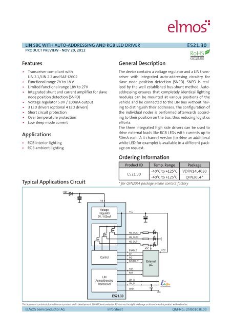 Info Sheet E521.30, LIN SBC with Auto - Elmos Semiconductor AG