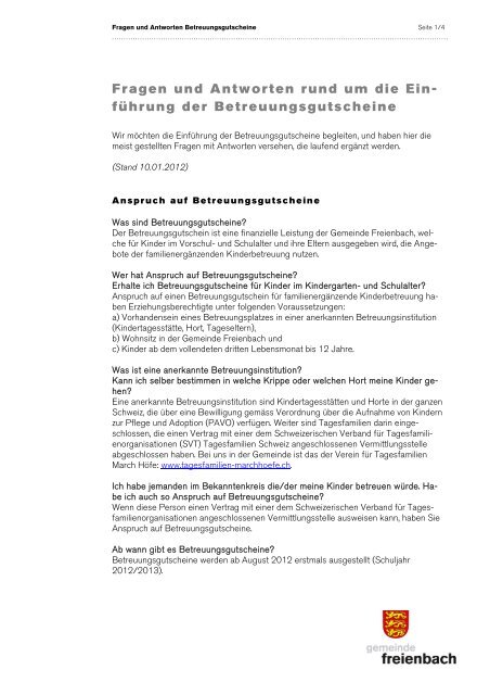 Fragen und Antworten Betreuungsgutscheine - Gemeinde Freienbach