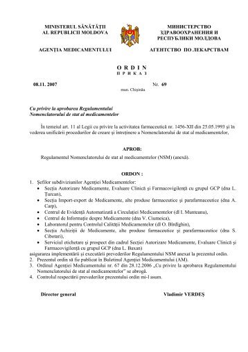 Ordinul Agenţiei Medicamentului Nr. 69 din 08.11.2007 - Agenţia ...