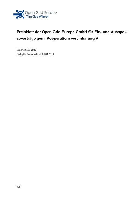 Preisblatt der Open Grid Europe GmbH für Ein- und Ausspei ...