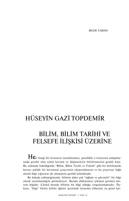 hüseyin gazi topdemir bilim, bilim tarihi ve felsefe ilişkisi üzerine