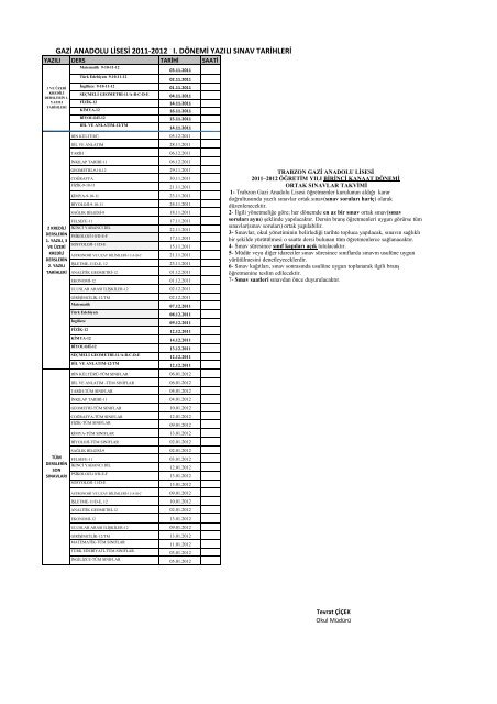 gazi anadolu lisesi 2011-2012 ı. dönemi yazılı sınav tarihleri