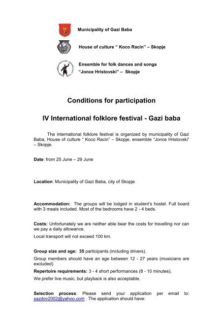 Conditions for participation IV International folklore festival - Gazi baba
