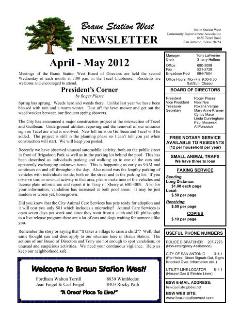 Braun Station West NEWSLETTER April - May 2012