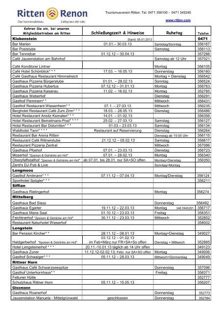 Schließungszeit & Hinweise Ruhetag - Tourismusverein Ritten