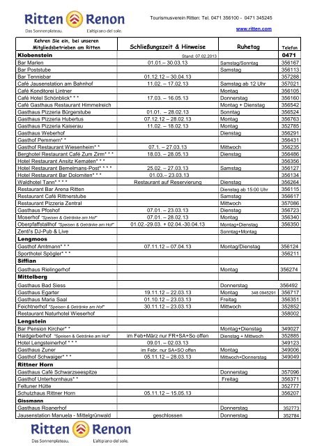 Verzeichnis der Einkehrmöglichkeiten - Tourismusverein Ritten