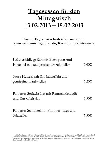 Tagesessen für den Mittagstisch 13.02.2013 – 15.02.2013 - Hotel ...