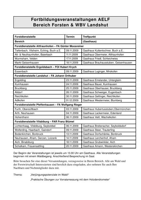 Fortbildungsveranstaltungen AELF Bereich Forsten & WBV Landshut