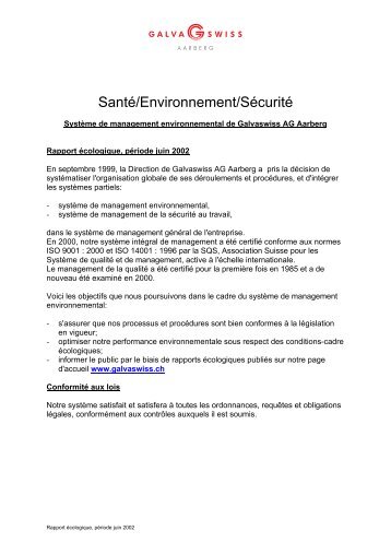 Santé/Environnement/Sécurité - Galvaswiss AG
