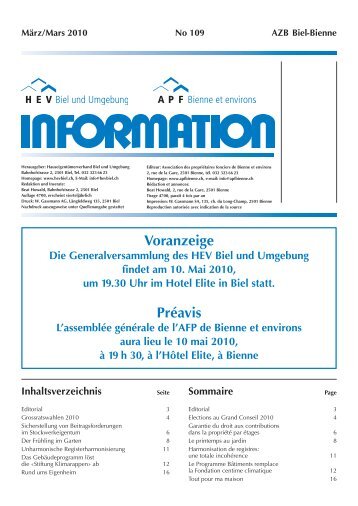 HEV-Information Nr. 109 - Hauseigentümerverbandes Biel