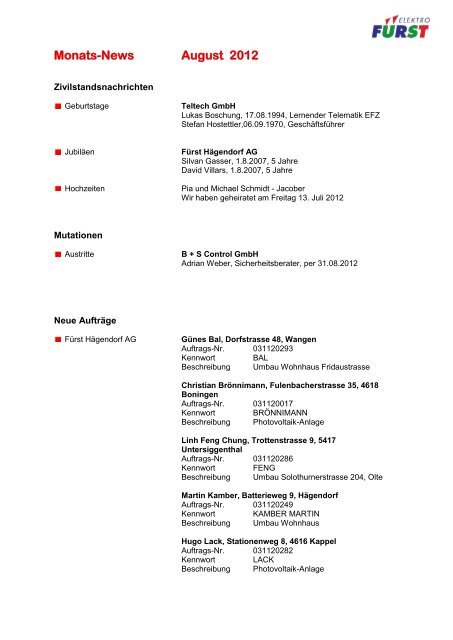 Monats-News August 2012 - bei Elektro-Fürst Holding AG