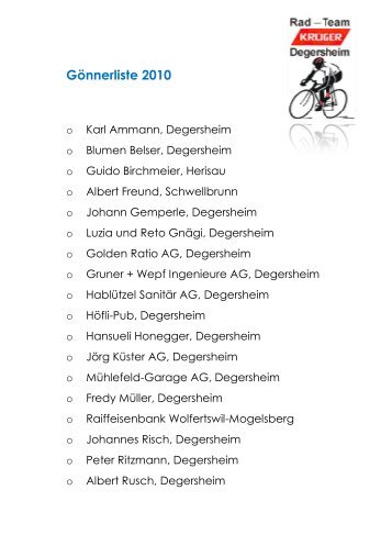 Gönnerliste 2010 - Radteam Degersheim