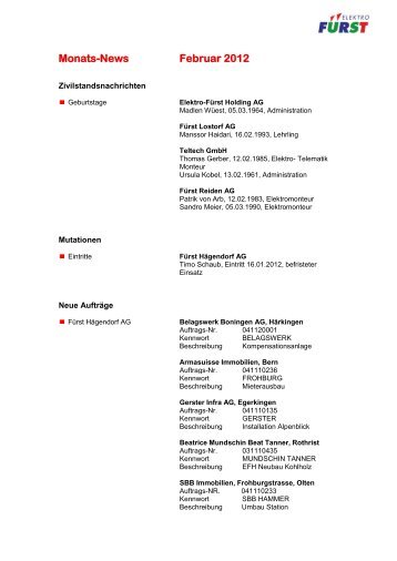 Monats-News Februar 2012 - bei Elektro-Fürst Holding AG
