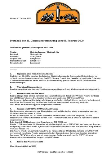 Protokoll der 38. Generalversammlung vom 06. Februar 2009