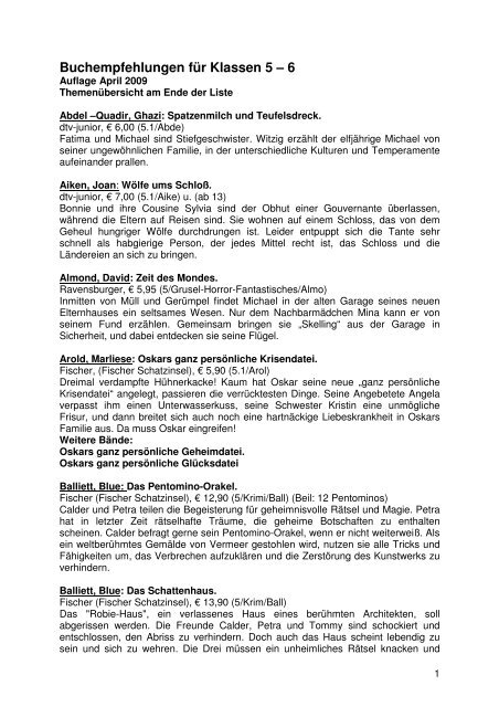 Buchempfehlungen für Klassen 5 – 6 - Stadt Rüsselsheim