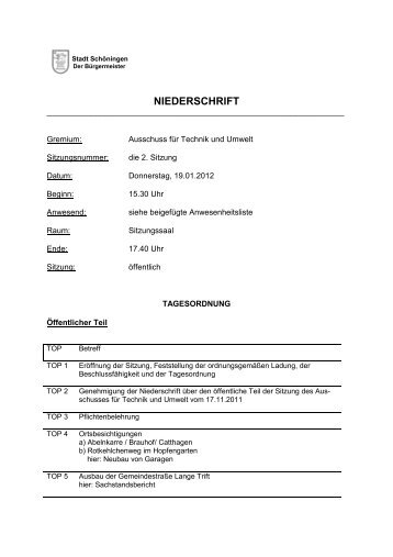 Protokoll Ausschuss für Technik und Umwelt am ... - Stadt Schöningen