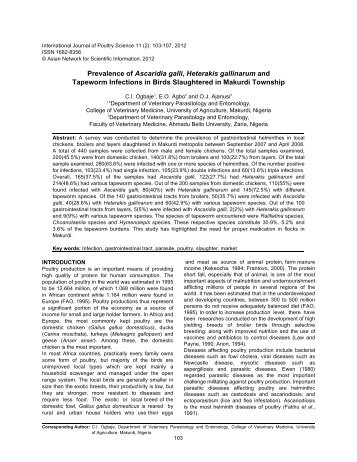 Prevalence of Ascaridia galli, Heterakis gallinarum and Tapeworm in