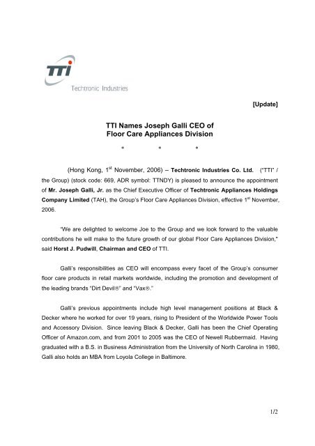 TTI Names Joseph Galli CEO of Floor Care Appliances Division
