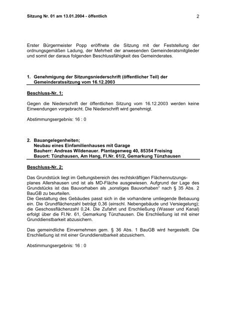 Gemeinderates Allershausen am 13. Januar 2004