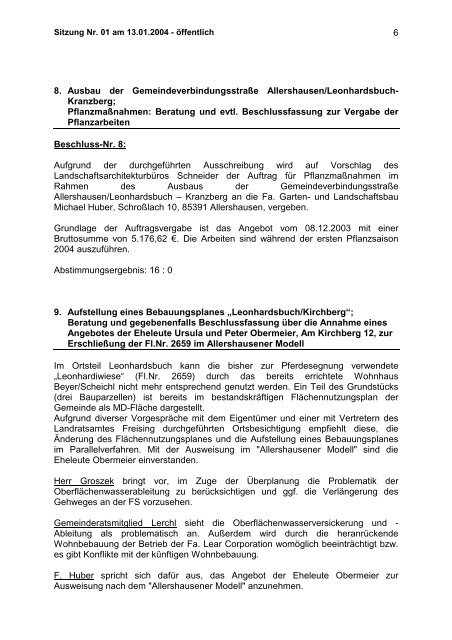 Gemeinderates Allershausen am 13. Januar 2004