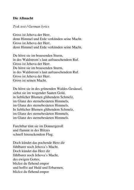 Die Allmacht Tysk text / German lyrics Gross ist Jehova der Herr ...