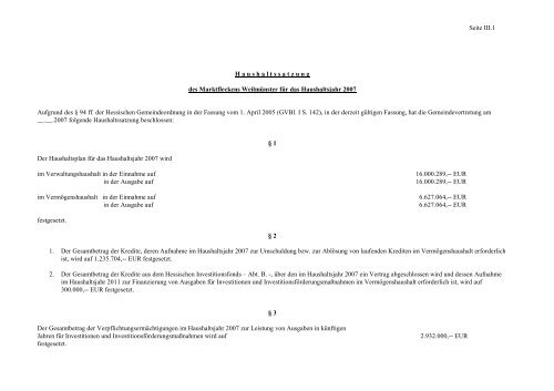 Gesamtplan für das Haushaltsjahr 2007 - Weilmünster